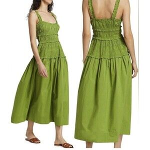 DOEN Marianne Smocked Midi Dress Size XL Green 100% Organic Cotton